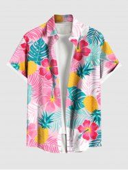 Chemise Feuille D'Ananas Fleur Imprimés avec Poche de Grande Taille en Lin pour Homme - Rose clair M
