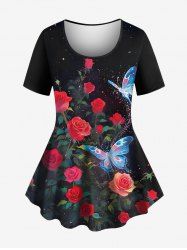 Plus Size Rose Flower Glitter Butterfly Print Women T-shirt -  