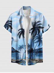 Plus Size Coconut Tree Seascape Ombre Sky Print Hawaii Button Pocket Shirt For Men -  