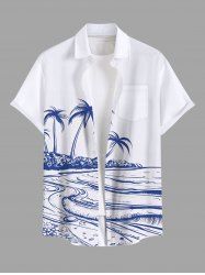 Plus Size Coconut Tree Sea Hand-painted Print Hawaii Button Pocket Shirt For Men -  