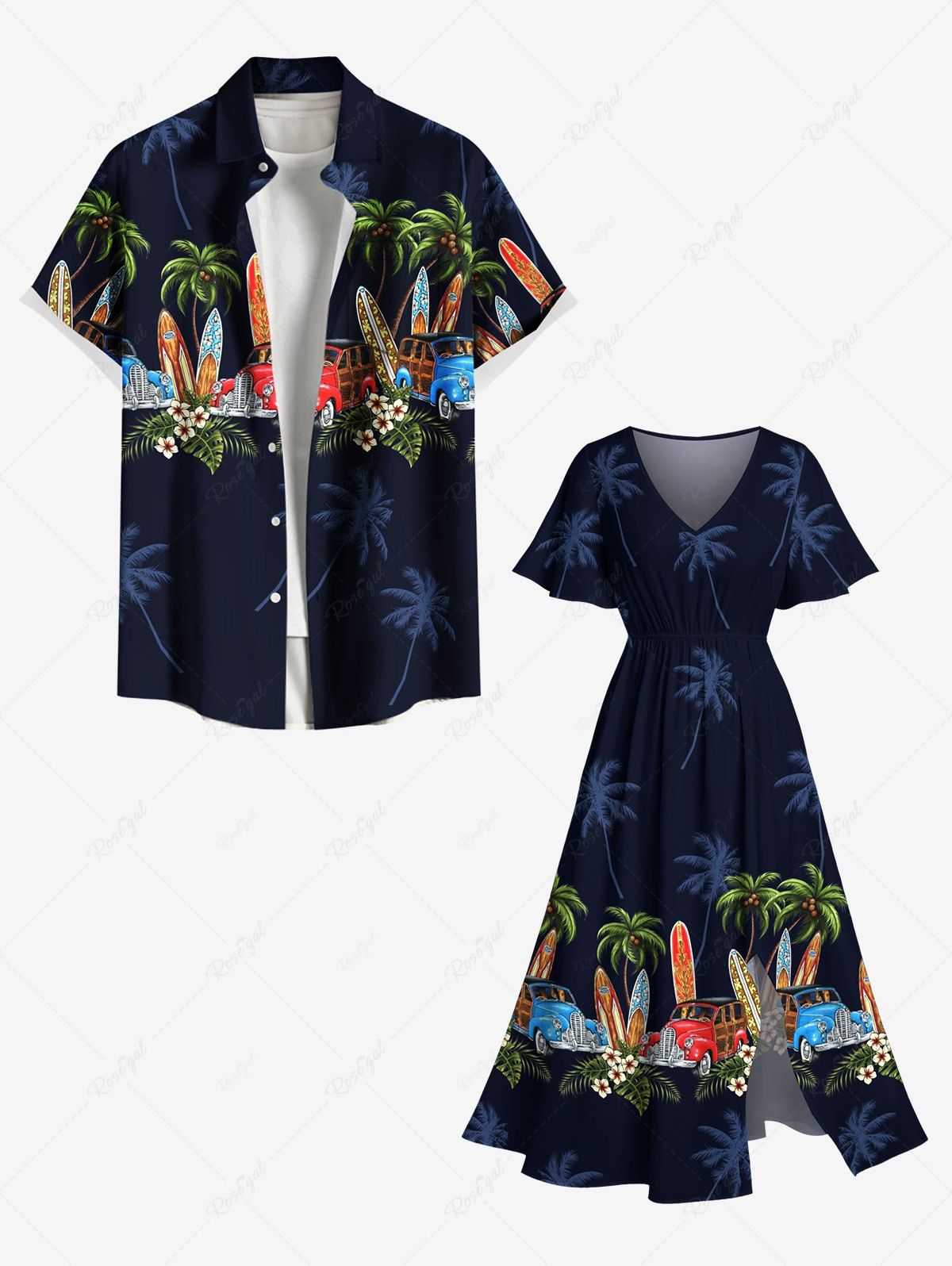 Tenue de Plage à Imprimé Cocotiers et Fleurs Tropicales Grande-Taille Bleu profond 