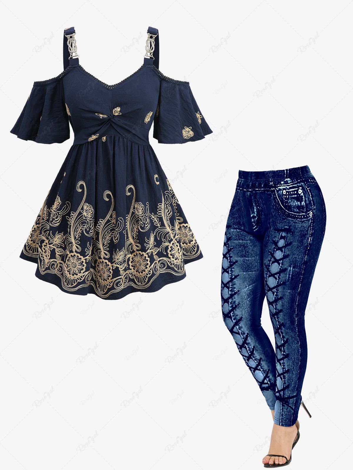 New Floral Butterfly Embroidered Twist Cold Shoulder Blouse and Leggings Plus Size Outfit  