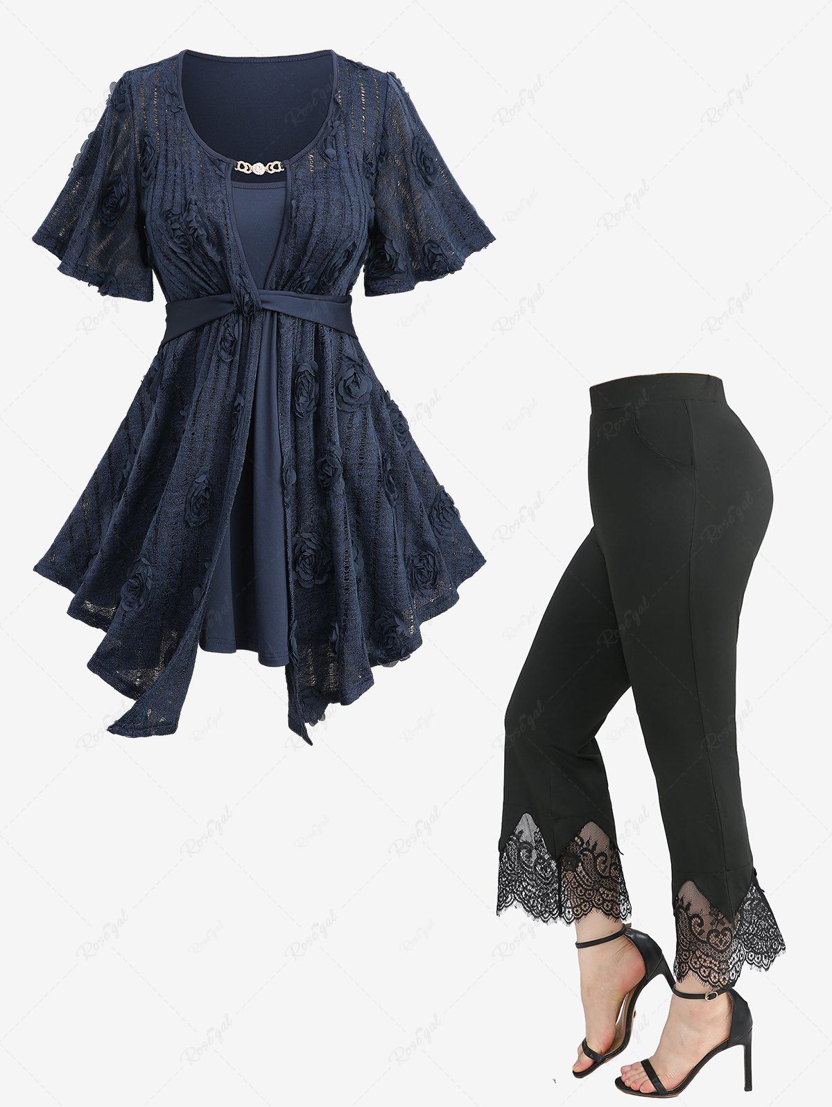 Sale Hollow Out Rose Appliques Asymetrical Top and Scalloped Tassel Flare Pants Plus Size Outfit  