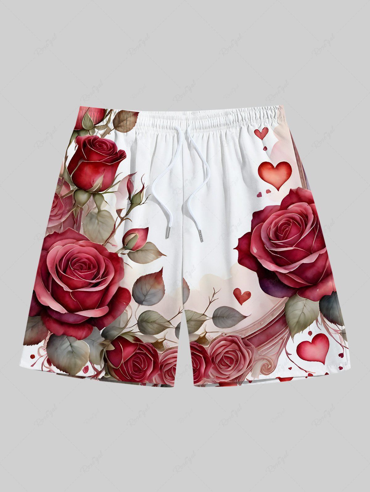 Online Plus Size Rose Flower Leaf Heart Print Hawaii Drawstring Beach Shorts For Men  