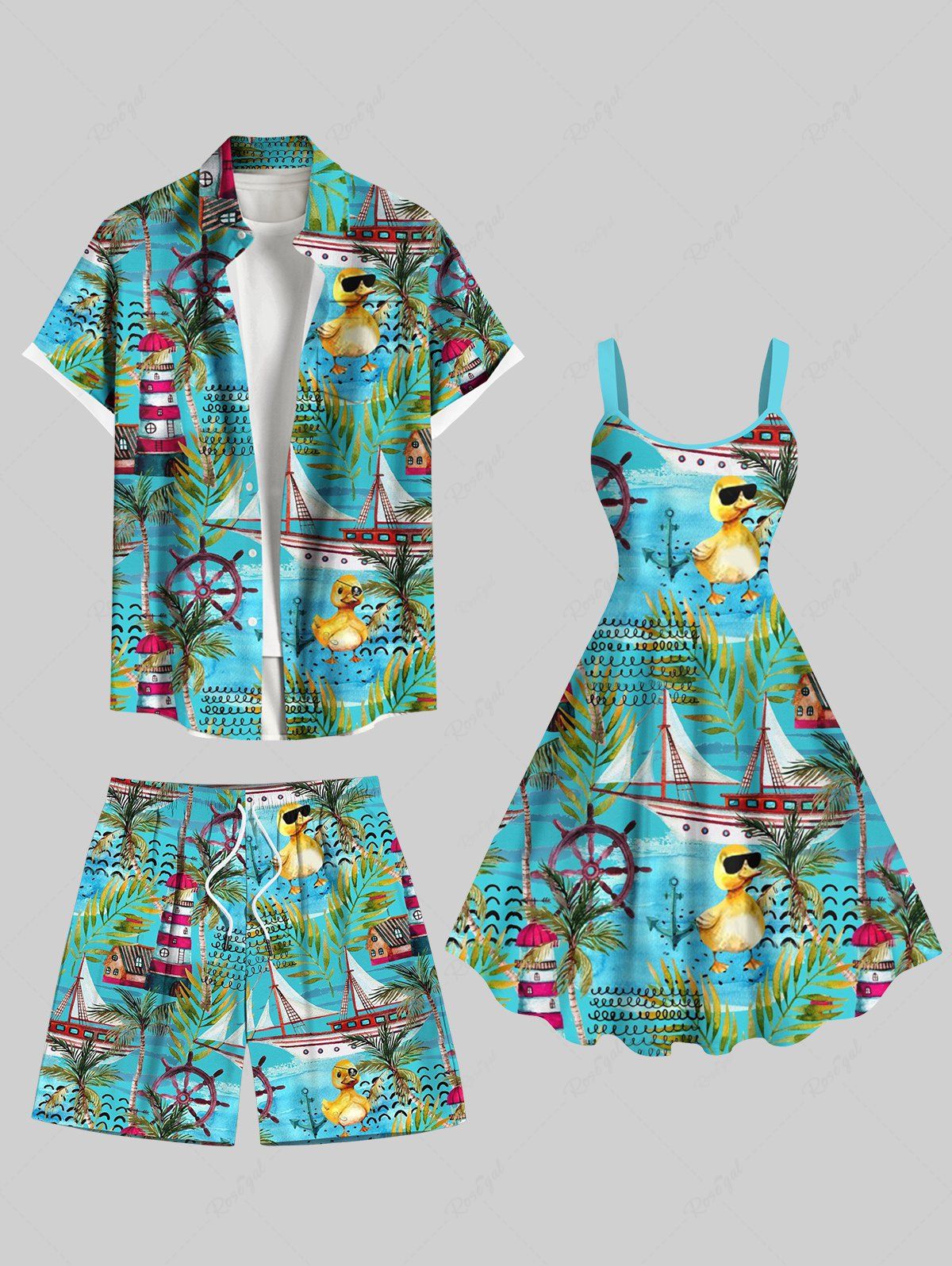 Tour de guet de gouvernail, bateau, canard cool, imprimé feuilles tropicales, grande taille, tenue de plage de croisière hawaïenne assortie pour couples Vert 