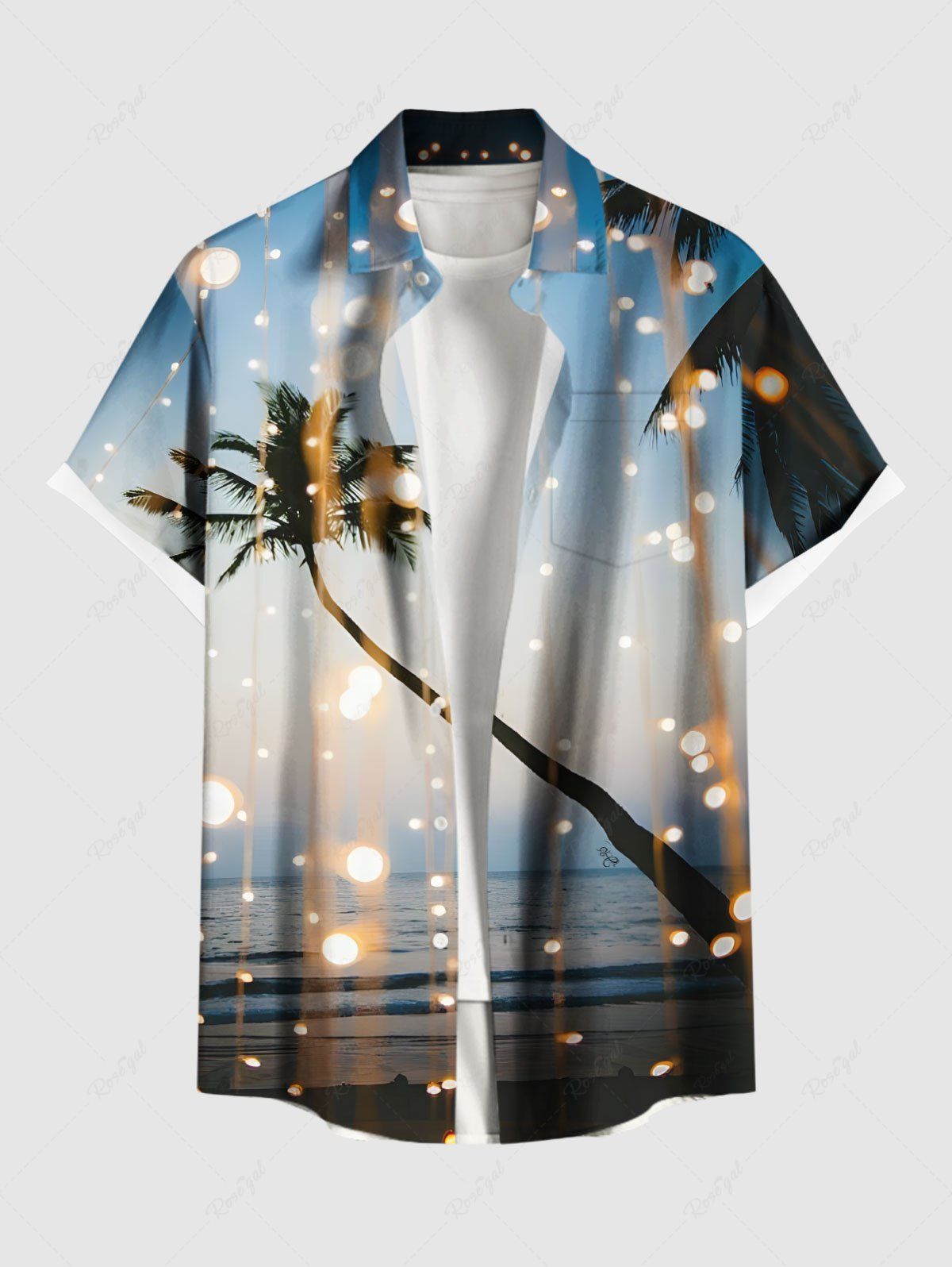Chic Plus Size Coconut Tree Sea Glitter Sheer Mesh Light Spot Print Hawaii Ombre Button Pocket Shirt For Men  