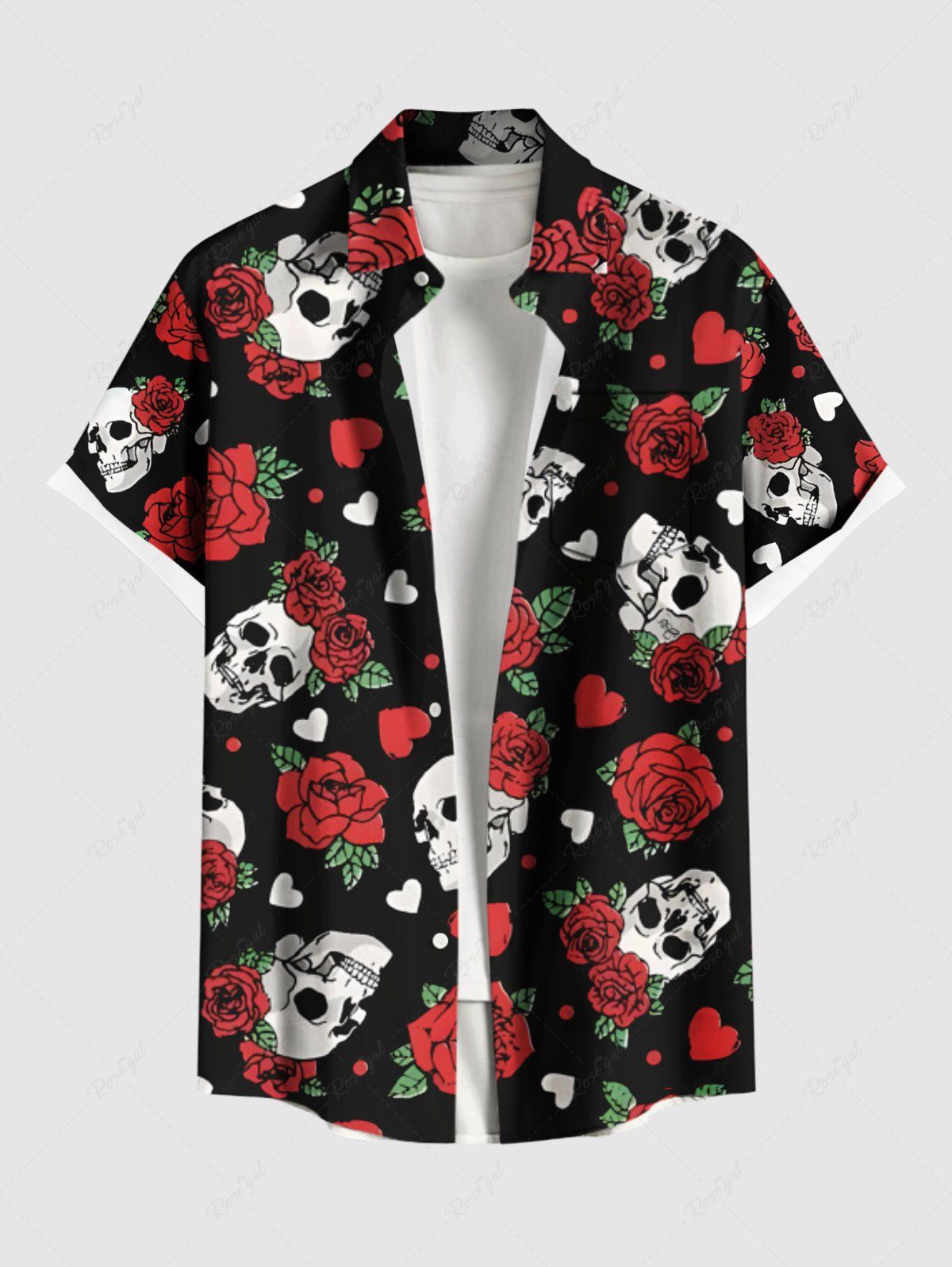 Chemise Imprimé Rose Coeur et Feuille à Boutons Grande Taille avec Poche pour Homme Rouge 3XL