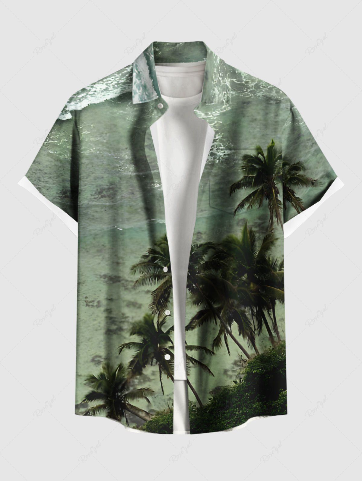 Buy Plus Size Coconut Tree Sea Waves Print Hawaii Button Pocket Shirt For Men  