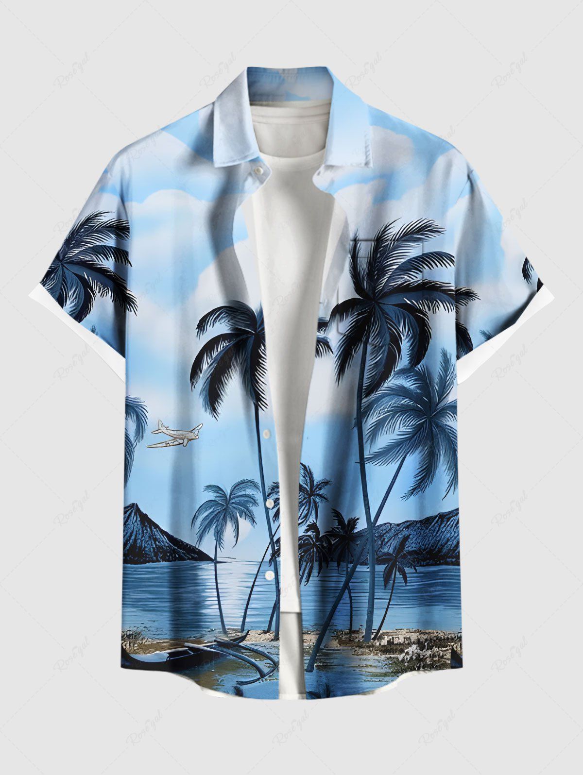Fancy Plus Size Coconut Tree Seascape Ombre Sky Print Hawaii Button Pocket Shirt For Men  