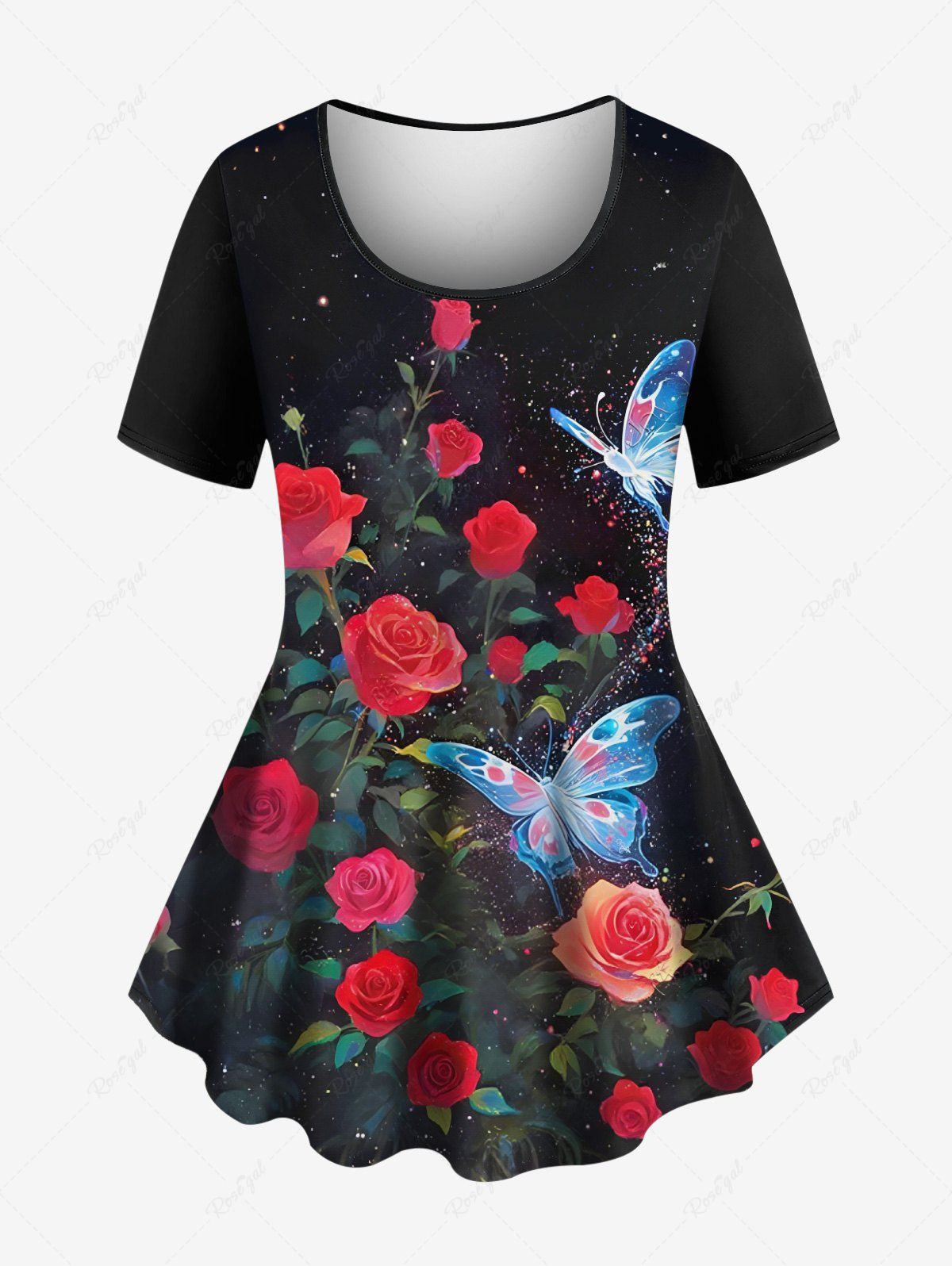 Latest Plus Size Rose Flower Glitter Butterfly Print Women T-shirt  