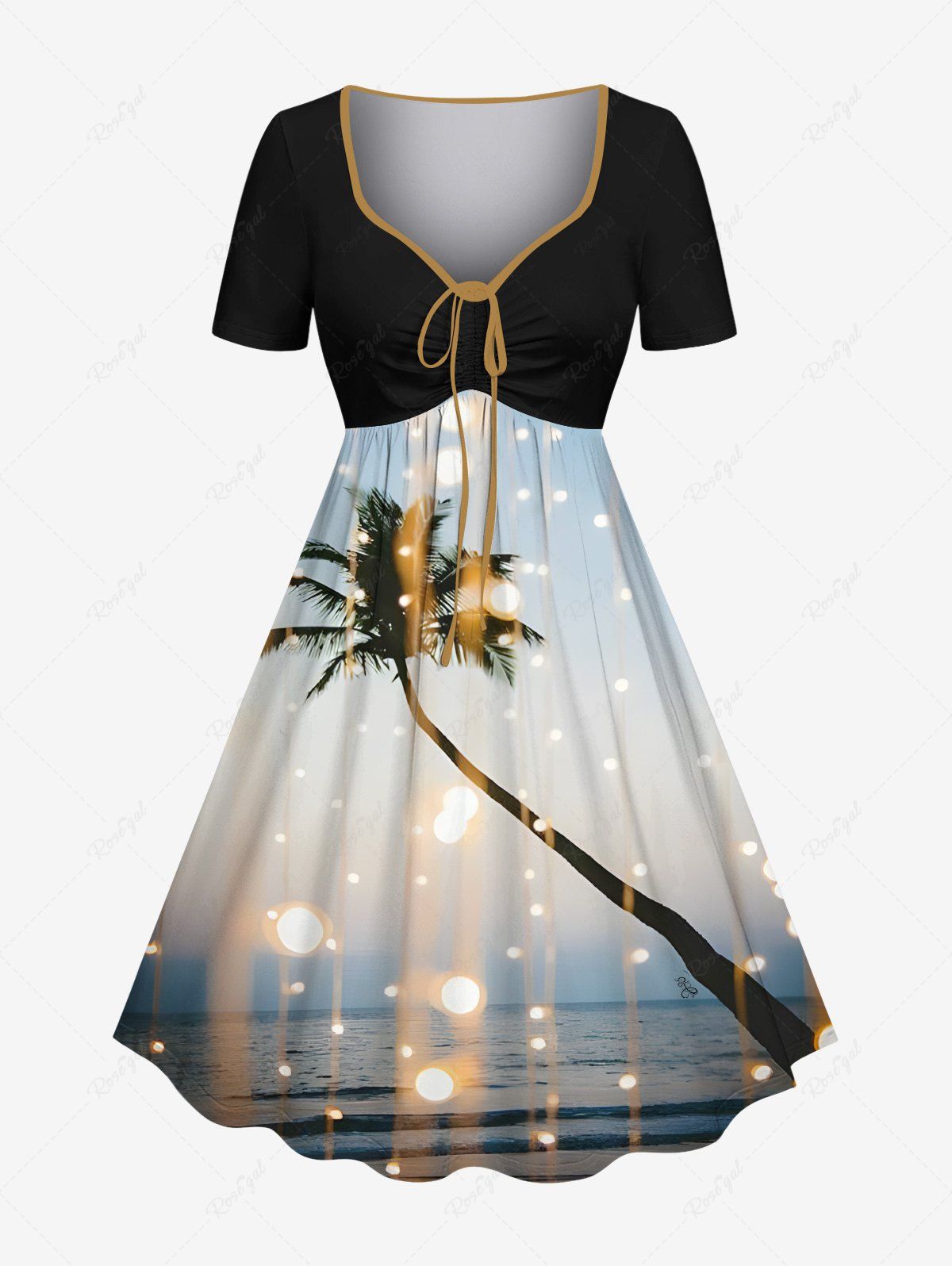 Outfit Plus Size Coconut Tree Sea Glitter Sheer Mesh Light Spot Print Hawaii Ombre Cinched A Line Dress  
