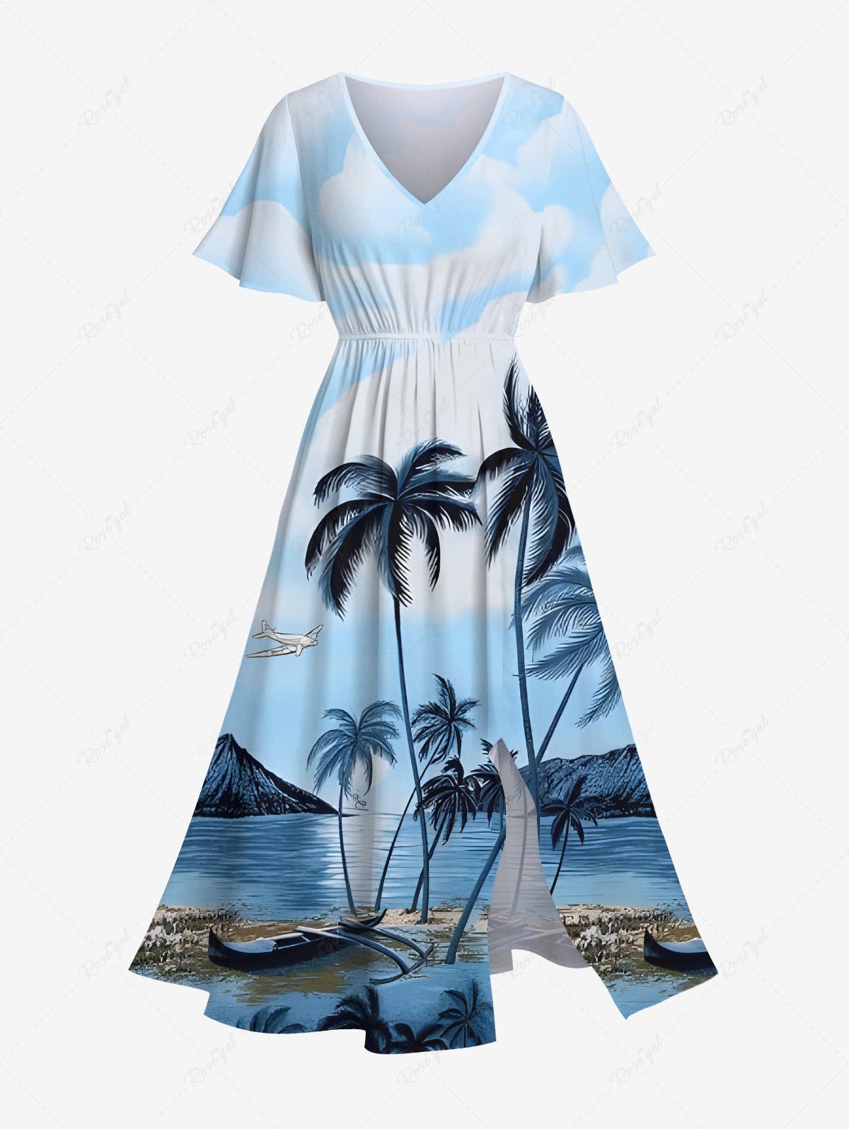 Fancy Plus Size Coconut Tree Seascape Ombre Sky Print Hawaii Split Pocket A Line Midi Dress  