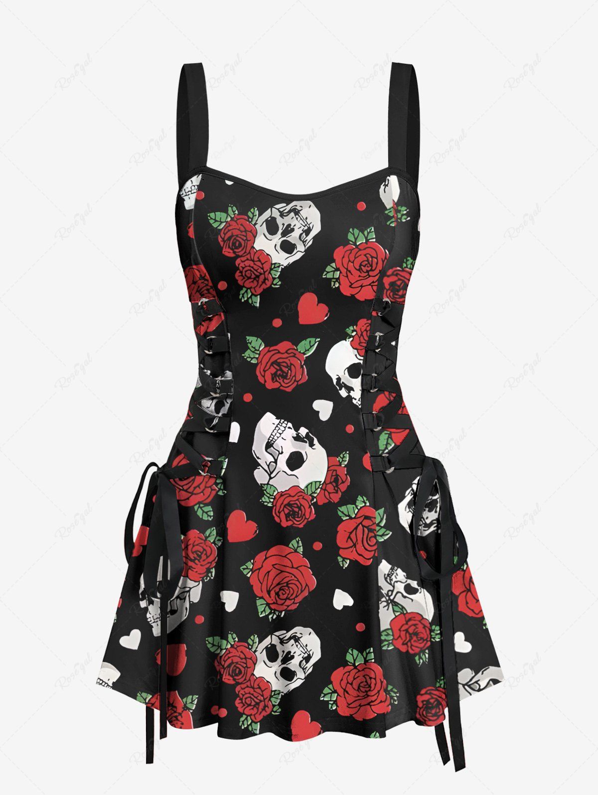 Discount Skull Rose Flower Leaf Heart Print Hawaii Lace Up A Line Tank Dress  