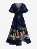 Tenue de Plage à Imprimé Cocotiers et Fleurs Tropicales Grande-Taille - Bleu profond 