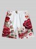 Plus Size Rose Flower Leaf Heart Print Hawaii Drawstring Beach Shorts For Men -  