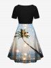 Plus Size Coconut Tree Sea Glitter Sheer Mesh Light Spot Print Hawaii Ombre Cinched A Line Dress -  