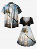 Plus Size Coconut Tree Sea Glitter Sheer Mesh Light Spot Print Hawaii Ombre Cinched A Line Dress -  