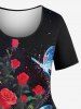 Plus Size Rose Flower Glitter Butterfly Print Women T-shirt -  