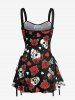 Skull Rose Flower Leaf Heart Print Hawaii Lace Up A Line Tank Dress -  