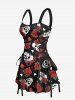 Skull Rose Flower Leaf Heart Print Hawaii Lace Up A Line Tank Dress -  