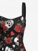 Skull Rose Flower Leaf Heart Print Hawaii Lace Up A Line Tank Dress -  