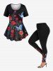 Plus Size Rose Flower Glitter Butterfly Print Women T-shirt -  