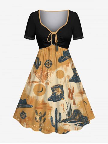 Plus Size Cactus Plant Hat Floral Desert Print Hawaii Cinched A Line Dress - COFFEE - 2X