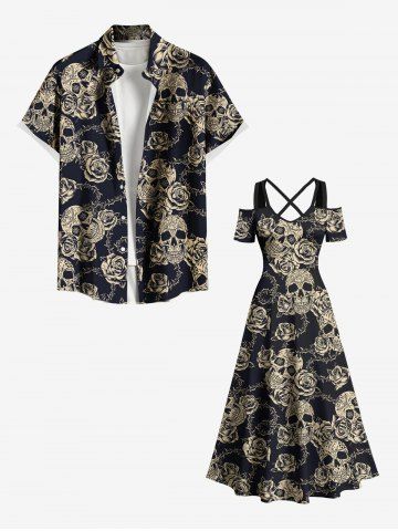 Skulls Rose Flowers Print Plus Size Matching Hawaii Beach Outfit For Couples - BLACK