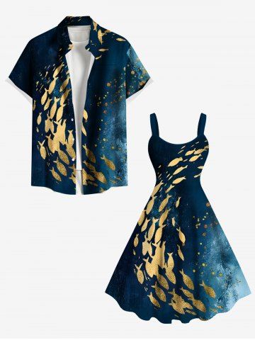 Tenue de Plage Trapèze à Imprimé Éclaboussure de Peinture et Poissons Grande-Taille pour Couples - BLUE