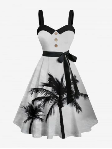 Plus Size Coconut Tree Ombre Sky Print Hawaii Button Turn-down A Line Dress with Removable Belt - GRAY - L