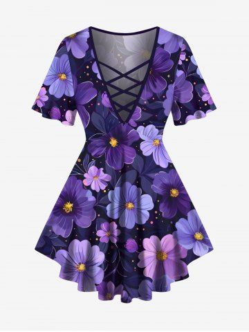 Plus Size Flowers Leaf Star Print Lattice Crisscross T-shirt - PURPLE - 2X