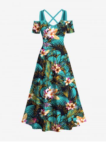 Plus Size Tropical Leaf Flowers Print Cold Shoulder Crisscross Hawaii Maxi Dress - DEEP GREEN - S