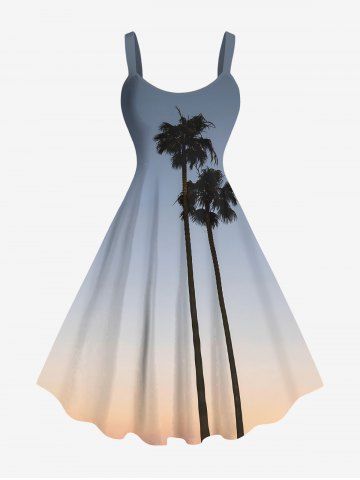 Plus Size Coconut Tree Ombre Sky Print Hawaii A Line Tank Dress