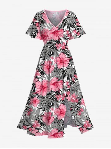 Robe Mi-Longue Hawaïen Fendue Fleur et Feuille Tropicale Imprimées de Grande Taille - LIGHT PINK - L