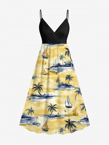 Plus Size Coconut Tree Sea Sailboat Print Hawaii Cruise Surplice A Line Cami Dress - YELLOW - 5X