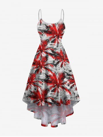 Plus Size Coconut Tree Tropical Leaf Print High Low Hawaii Cami Dress - RED - XS