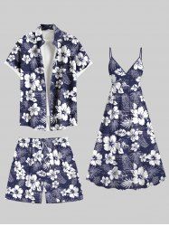 Tropical Leaf Flower Print Plus Size Matching Hawaii Beach Outfit For Couples -  
