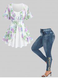 Floral Leaf Graphic Mesh Ruffles Top and 3D Lace-up Distressed Ombre Denim Print Leggings Plus Size Outfit -  
