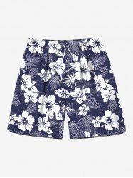 Short de Plage Hawaiien Imprimé Feuilles et Fleurs Tropicales Grande Taille à Cordon - Bleu profond 4XL