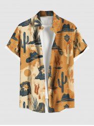 Plus Size Cactus Plant Hat Floral Desert Print Hawaii Button Pocket Shirt For Men -  