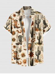 Plus Size Cactus Plant Floral Sun Boots Print Hawaii Button Pocket Shirt For Men -  