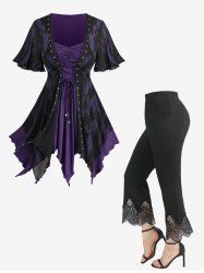 Ruffles Lace Up Asymmetrical 2 In 1 Top and Scalloped Tassel Flare Pants Plus Size Outfit -  