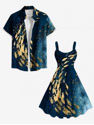 Tenue de Plage Trapèze à Imprimé Éclaboussure de Peinture et Poissons Grande-Taille pour Couples - Bleu 