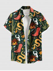 Chemise Grande Taille Imprimé Cactus Crâne et Serpent Coloré avec Poches - Noir M