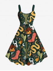 Robe Débardeur Ligne A Colorée Cactus Lune et Crâne Imprimés de Grande Taille - Noir 1X