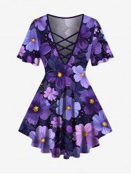 Plus Size Flowers Leaf Star Print Lattice Crisscross T-shirt -  