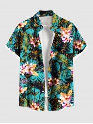 Plus Size Tropical Leaf Flowers Print Buttons Pocket Hawaii Shirt For Men -  