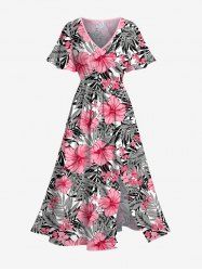 Plus Size Tropical Flowers Leaf Print Split Hawaii Midi Dress -  