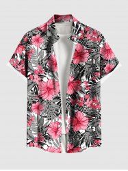 Plus Size Tropical Flowers Leaf Print Buttons Pocket Hawaii Shirt For Men - Rose clair M