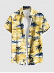 Plus Size Coconut Tree Sea Sailboat Print Hawaii Cruise Button Pocket Shirt For Men -  